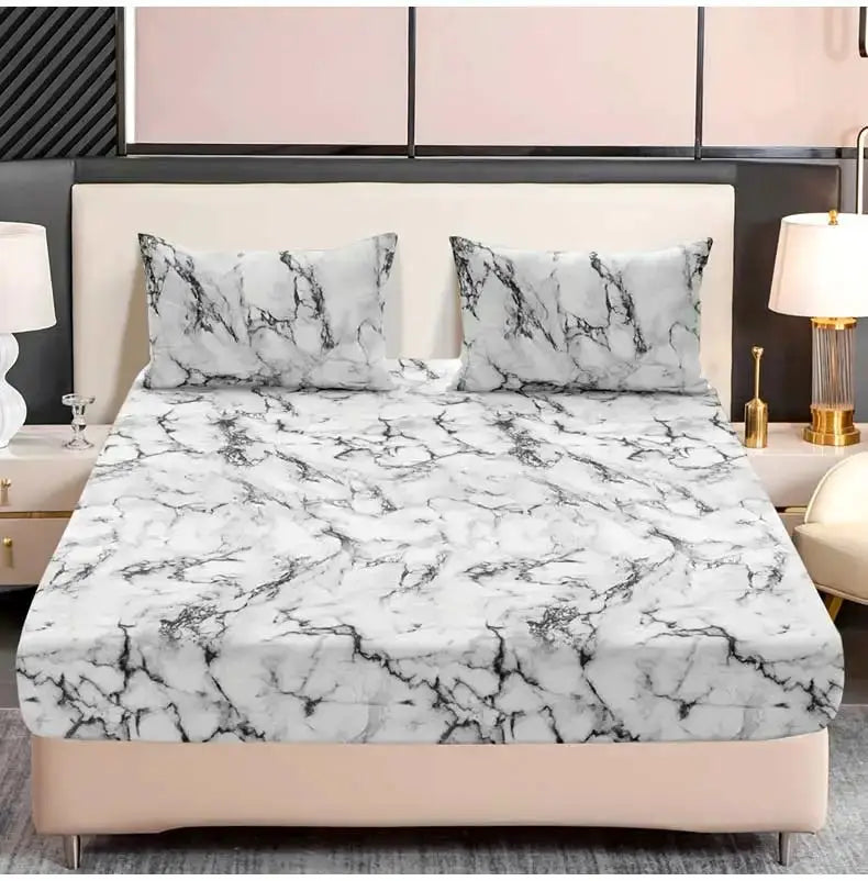 3-Piece marble print fitted sheet set with two pillowcases in gray marble microfiber fabric