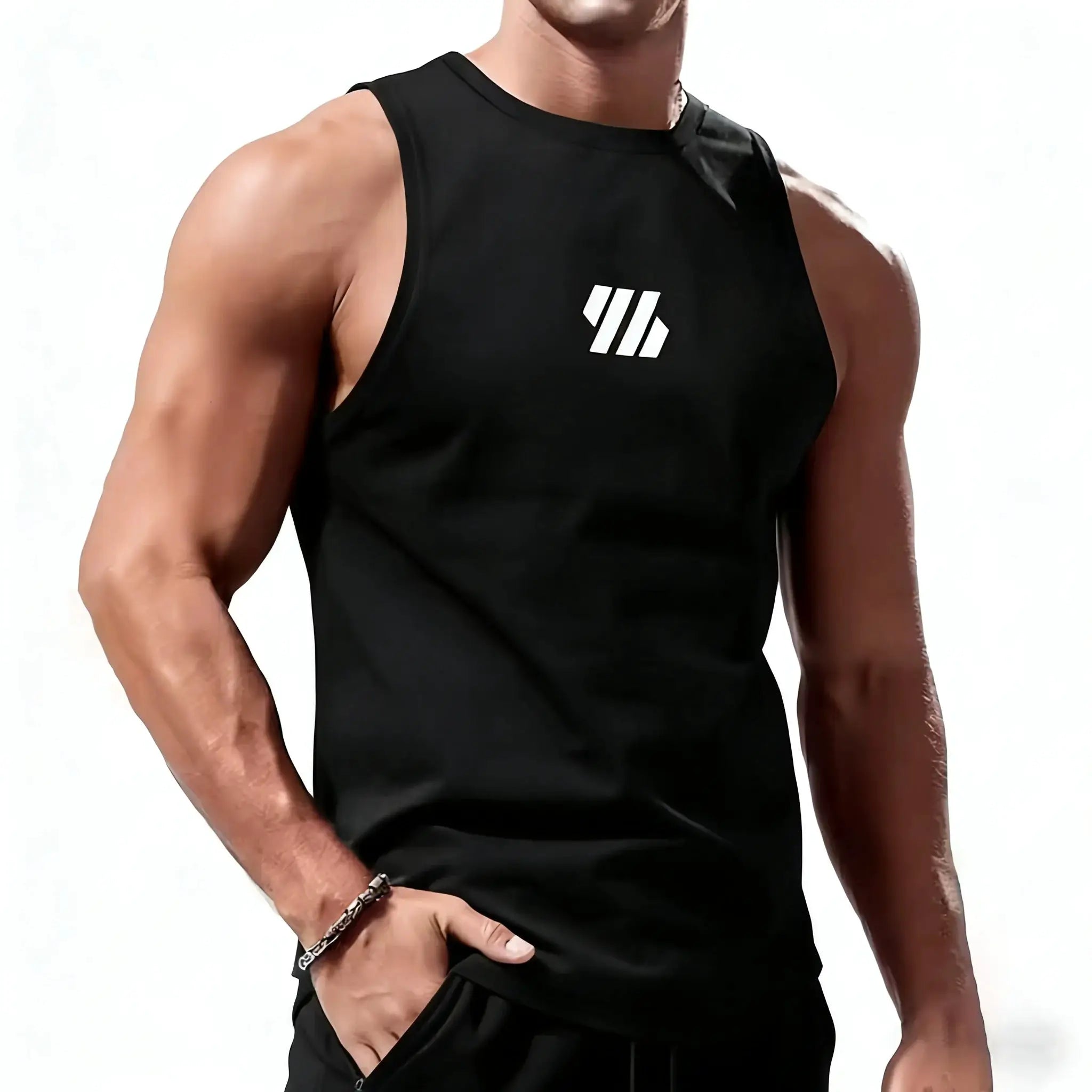 Men's black quick-dry sport vest sleeveless tank top with white diagonal logo by Simples Market