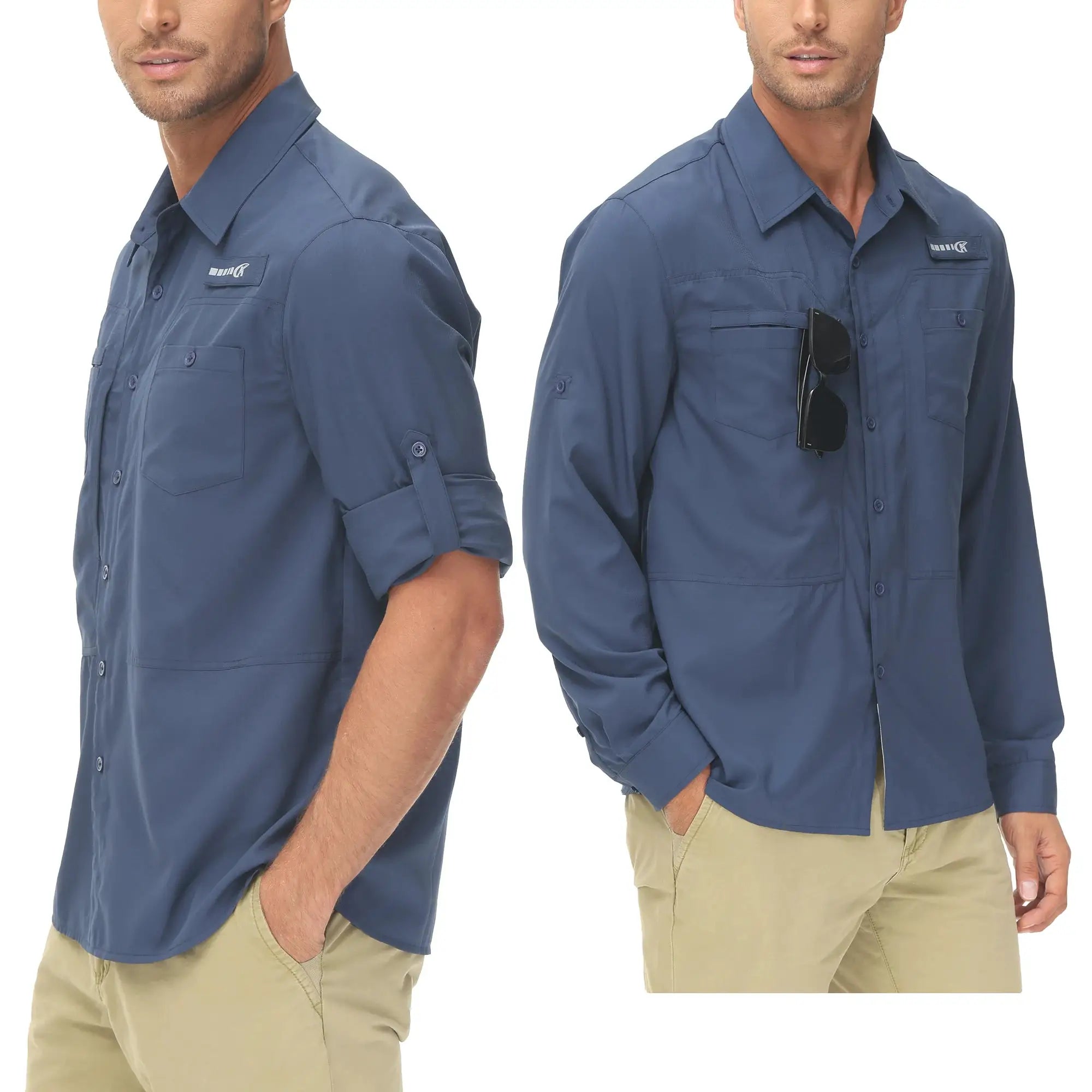Men's Simples Market blue long-sleeve fishing shirts with UPF 50+, breathable fabric and zip pocket; two shirts shown.