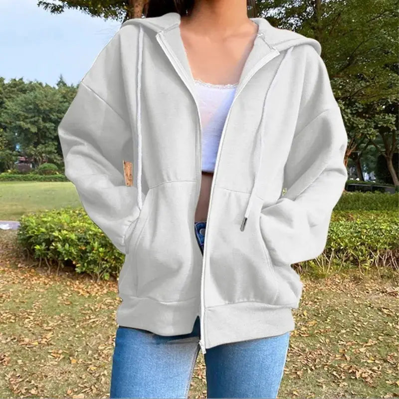 AutumnWear Fleece Hoodie Black Hooded Sweatshirt With Drawstring Pockets And Zipper Loose Fit