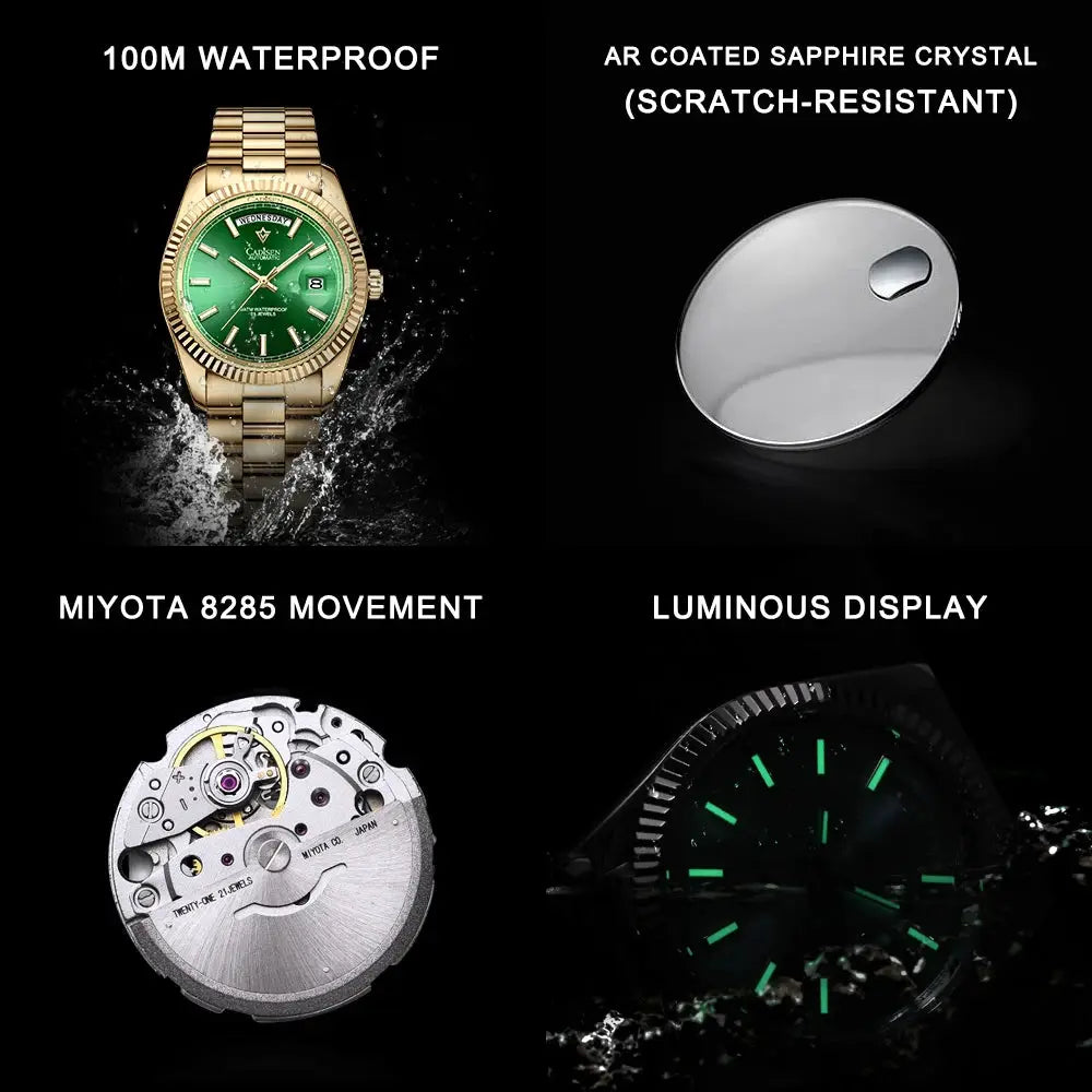 CADISEN DD40 men's luxury automatic watch with gold-tone bracelet and green dial; AR sapphire crystal