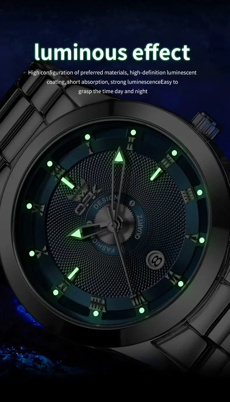 Men's black stainless steel watch with luminous green hands and markers on a textured blue dial
