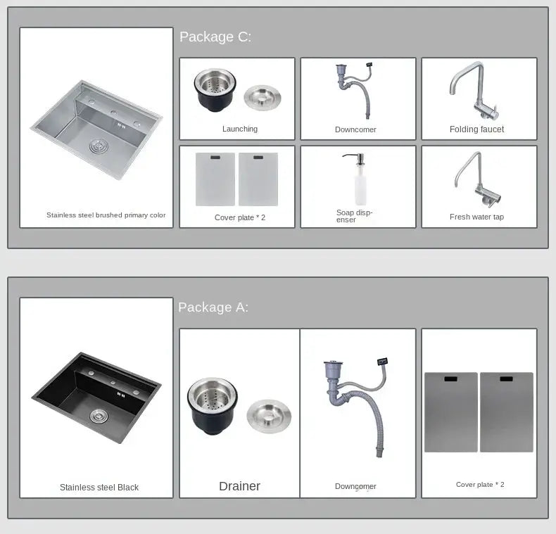 Nano 55x45x23 cm hidden stainless steel kitchen sink (304) by Simples Market, with two packaging options A and C