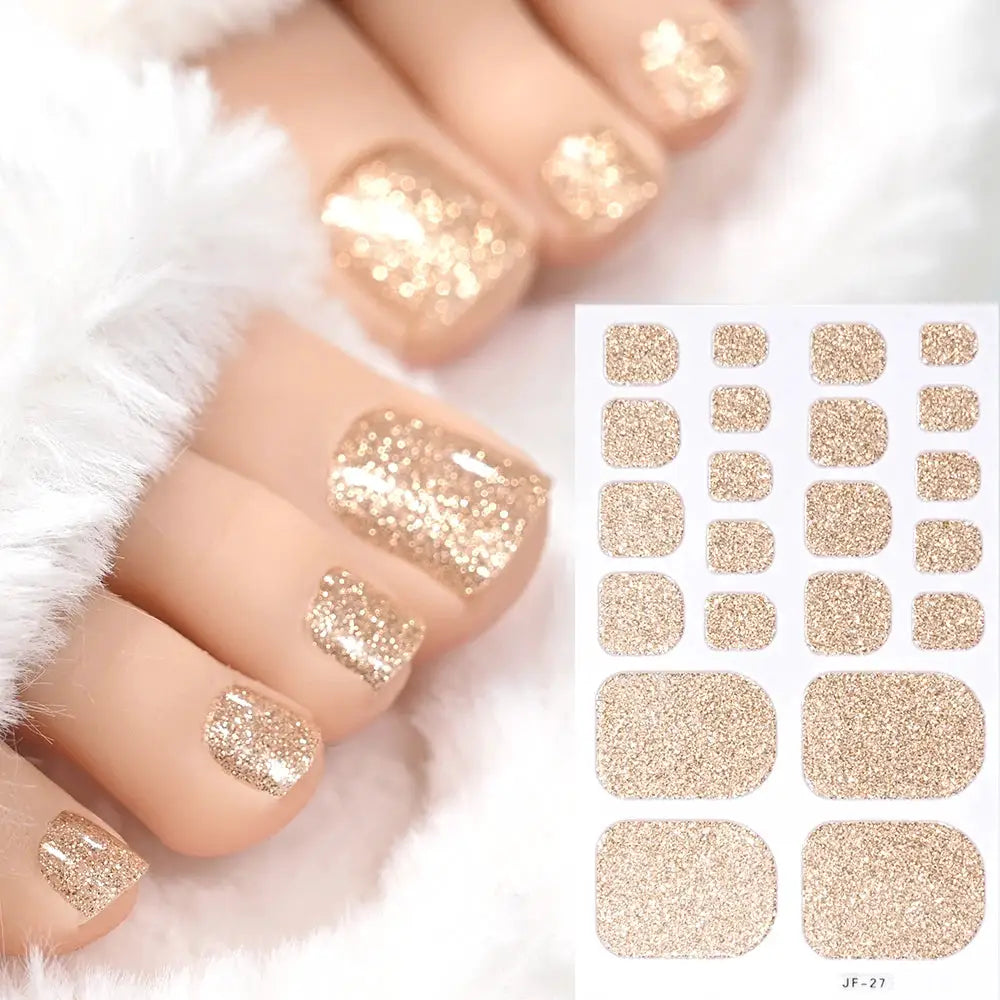 Toe nail sticker wraps by Simples Market; rose-gold glitter, full-coverage, self-adhesive decals