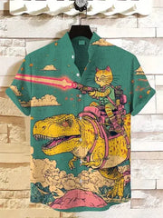 Men's green Hawaiian-style short-sleeve button-down with a bold cartoon of a yellow dinosaur and rider on teal background