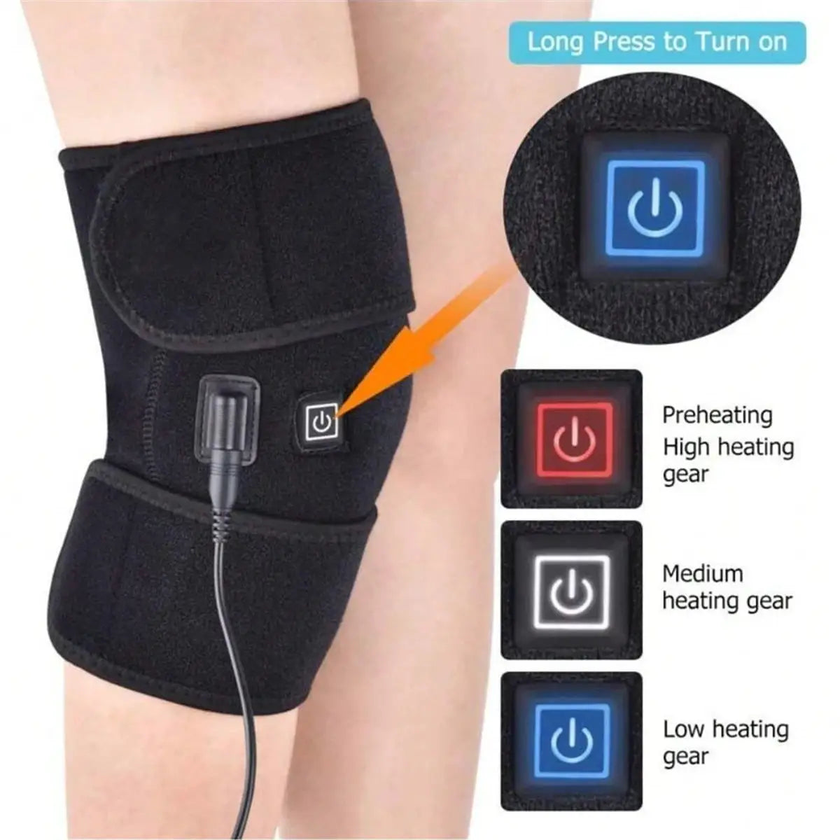 Simples Market heated knee massage pad; black fabric wrap with power button and three heat levels