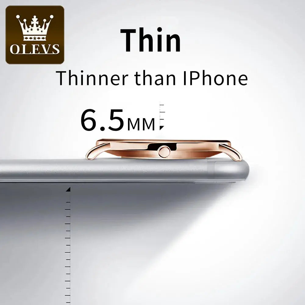 OLEVS ultra-thin 6.5mm men's quartz watch with rose-gold case and leather strap