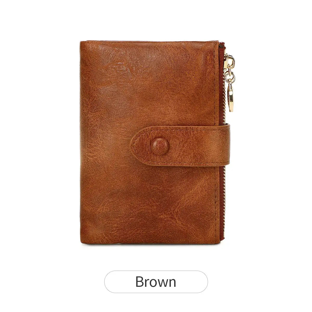 Minimalist brown women's wallet with strap closure and gold zipper; three-layer, large-capacity card holder