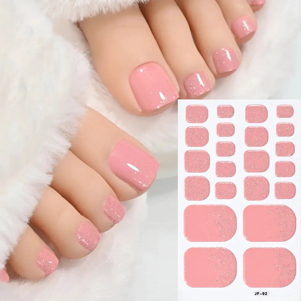 Toe nail sticker wraps in pink glitter; full-coverage, self-adhesive toenail decals by Simples Market with sticker sheet