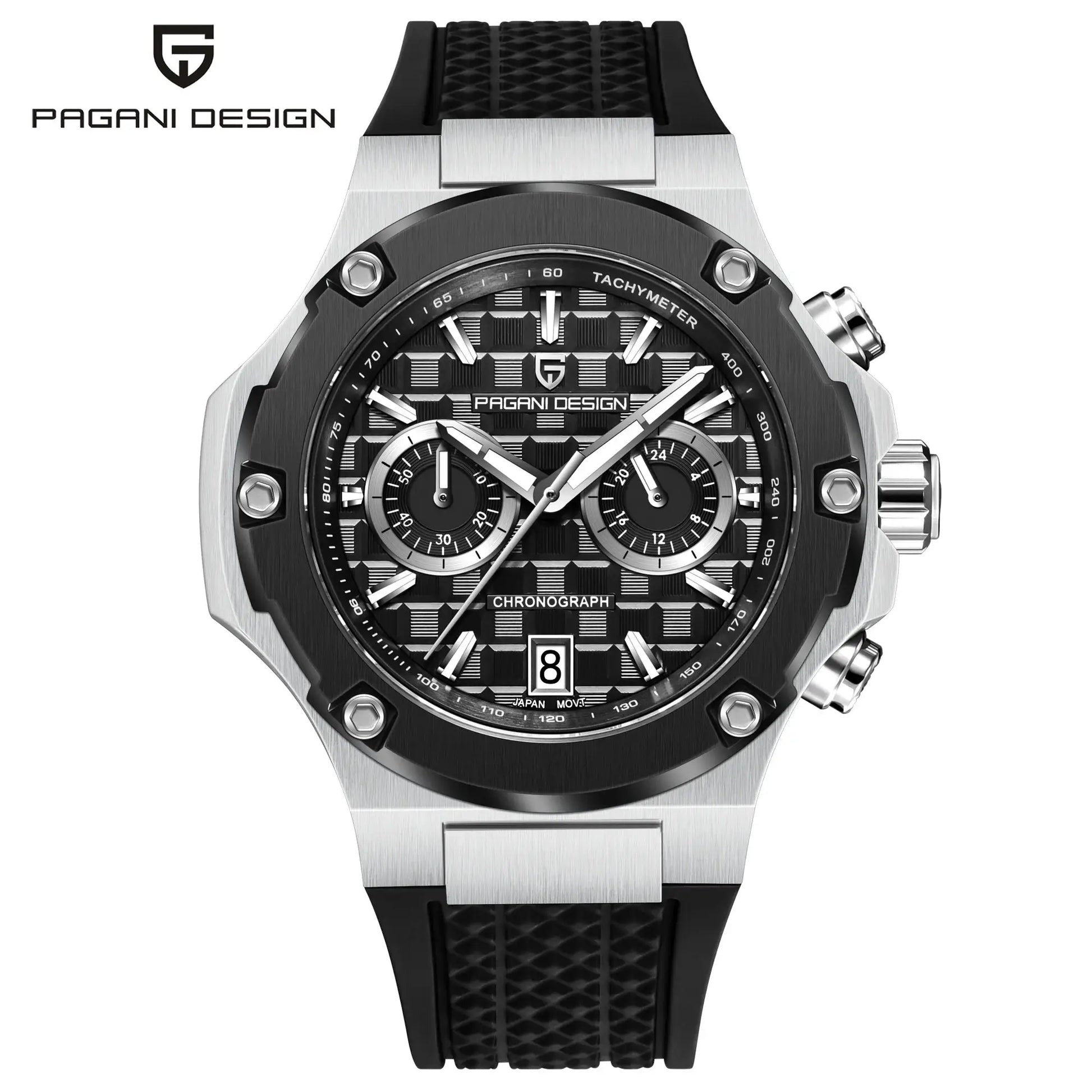 Pagani Design men's chronograph watch with black textured fluororubber strap and stainless steel case