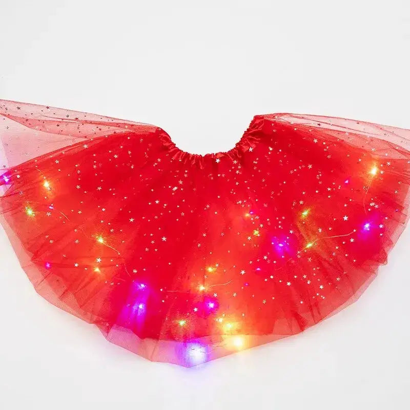 LED glowing red tulle star-patterned skirt by Simples Market, women's short tutu with lights for party/dance