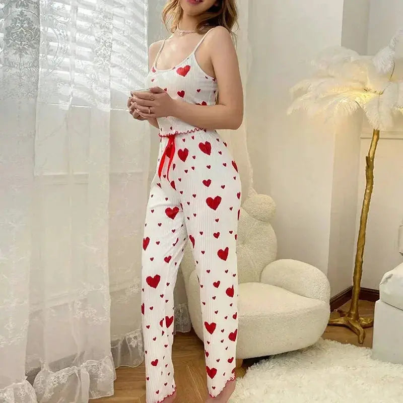 DreamWeave Heart Print Sleeveless Cami Vest And Long Pants Pajama Set Soft Stretch Knit For All Night Comfort