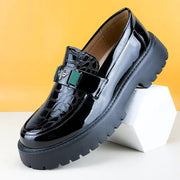 Simples Market men's black patent leather slip-on loafers with bee buckle and thick sole