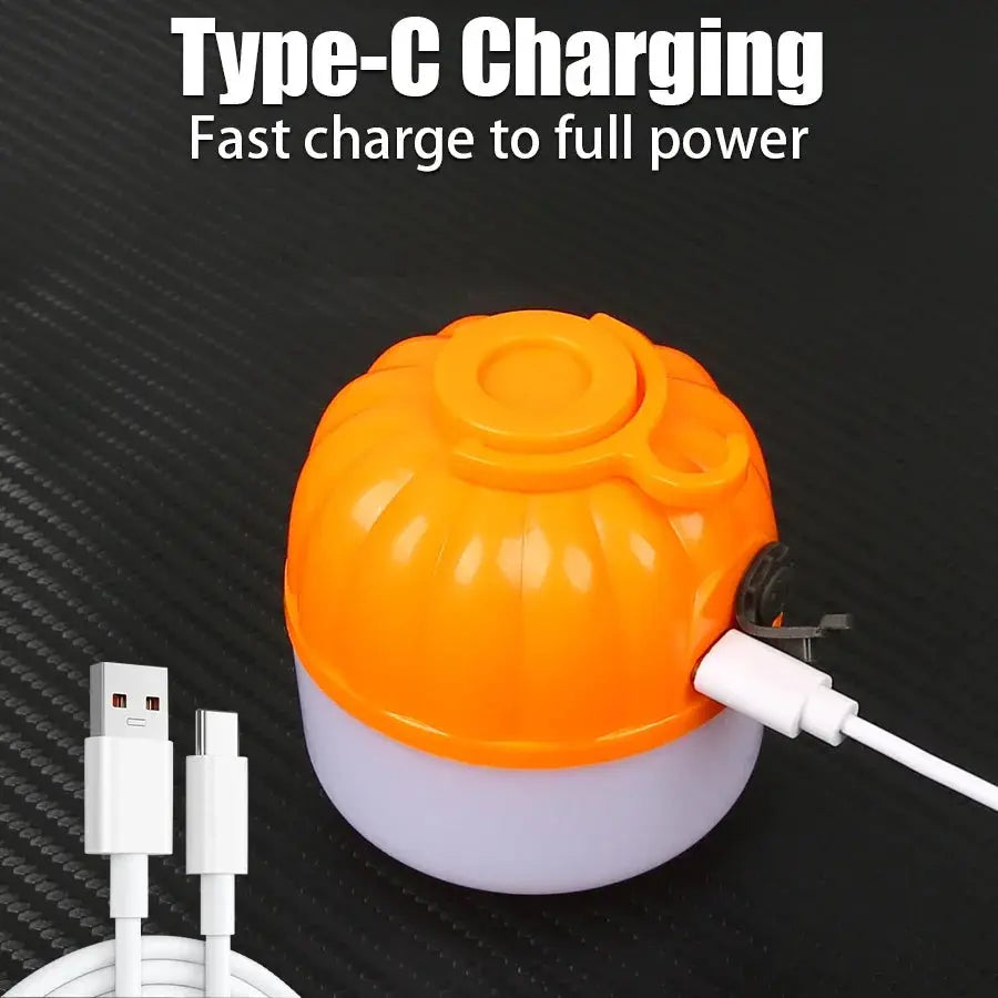 500W LED camping lantern USB rechargeable with power display; orange top, white base for outdoors.