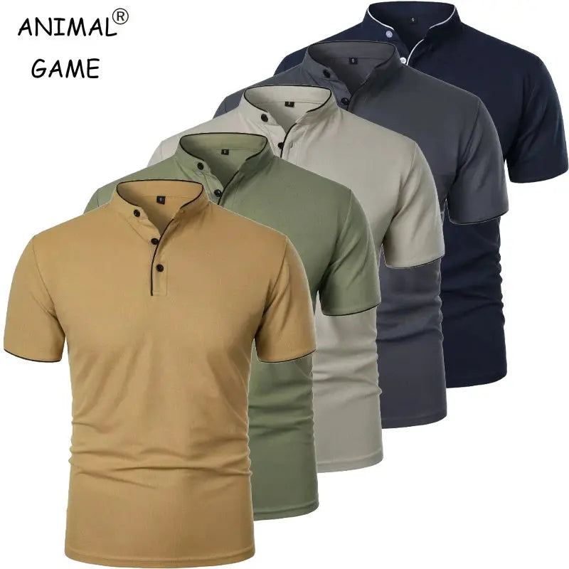 Six men's short-sleeve polo shirts in assorted solid colors with collars; Animal Game logo visible