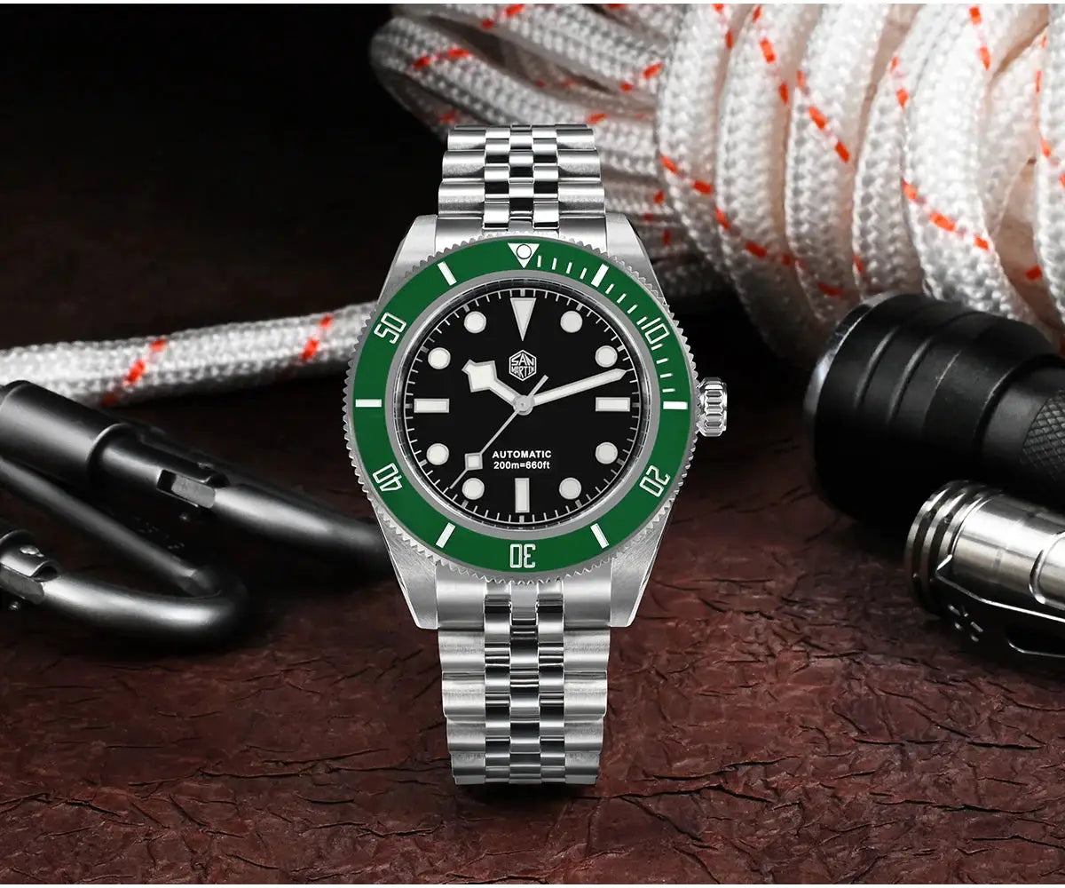 San Martin 40mm BB Diver watch with green bezel, black dial, stainless steel bracelet, NH35 automatic