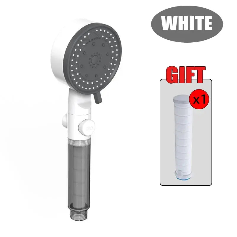 Simples Market white handheld showerhead with filter, 10 modes, high-pressure spray, includes replacement cartridge