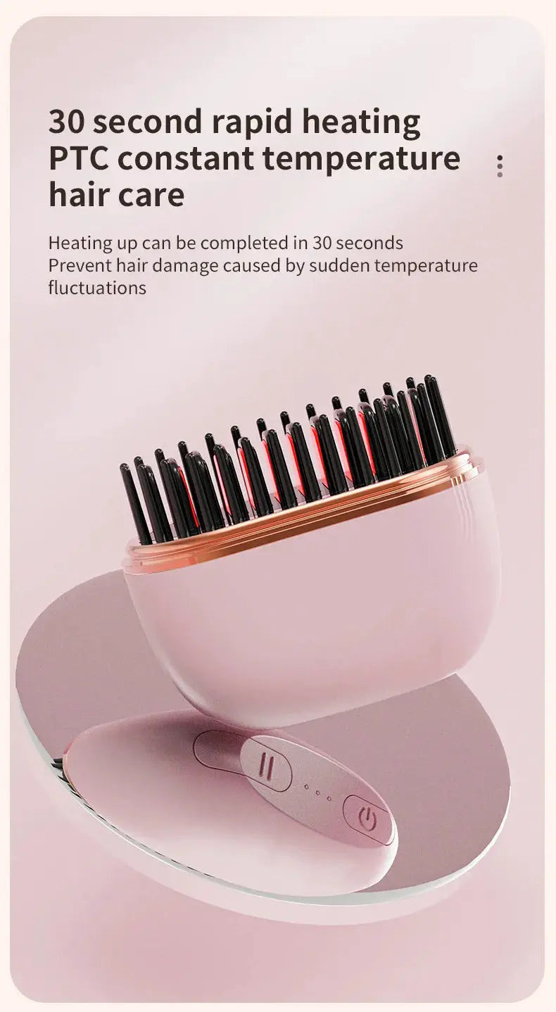 Pink mini cordless hair straightener brush by Simples Market, anti-scald shell, USB charging
