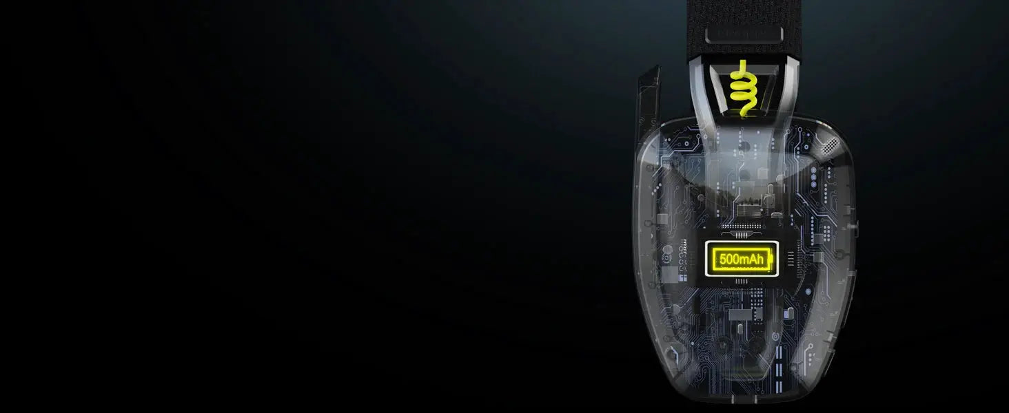 BINNUNE BW06 wireless gaming headset with mic, translucent shell showing circuit board and 500mAh battery