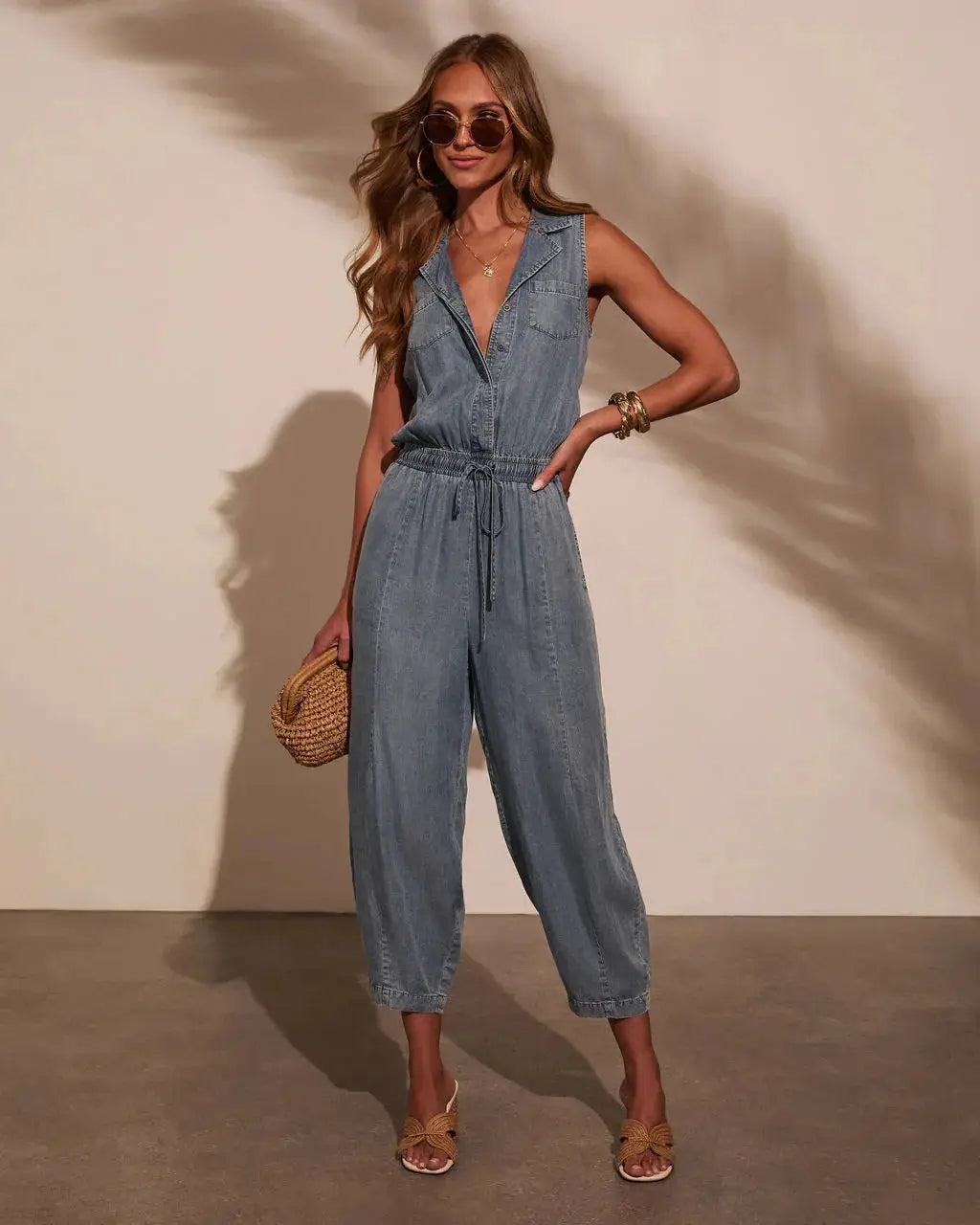 Women sleeveless denim jumpsuit with drawstring waist and pockets, Simples Market