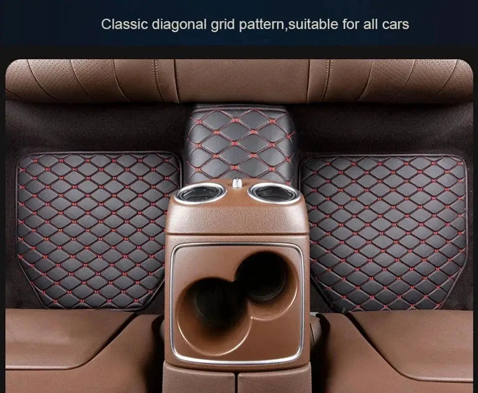 Car floor mats 5pcs by Simples Market; black PU leather with quilted diagonal grid pattern and red stitching