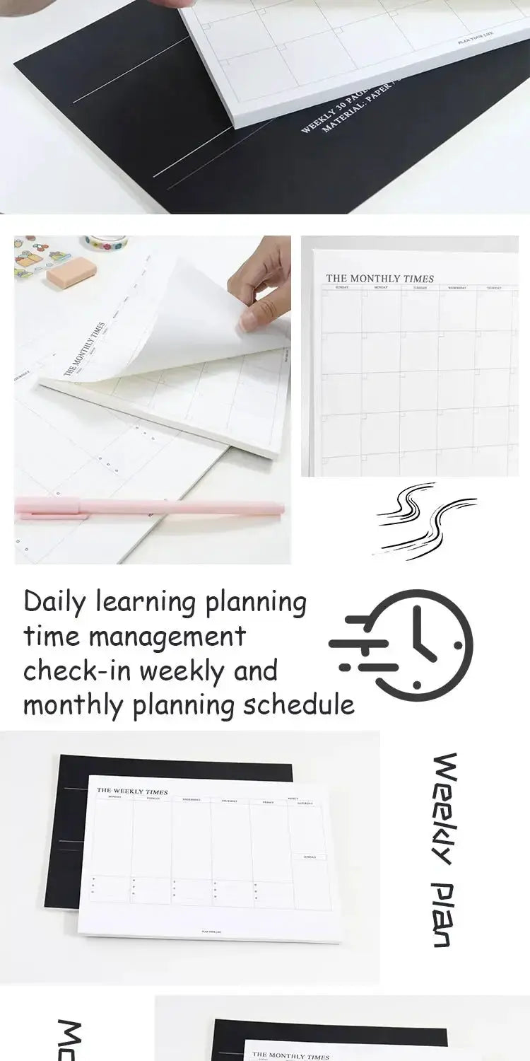 Weekly planner notebook with monthly undated pages, white sheets, and a black folder
