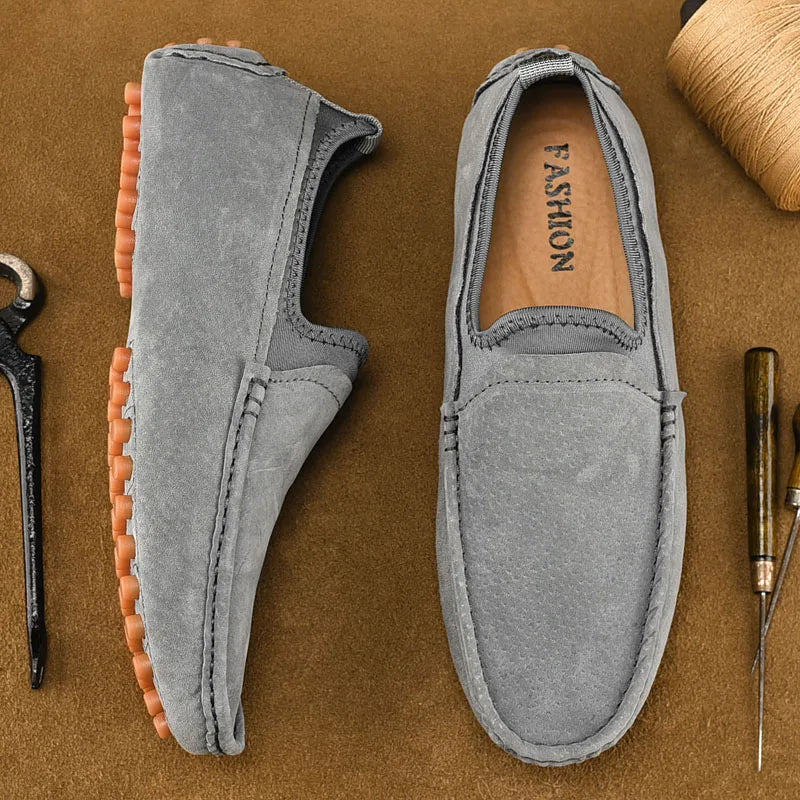 Pair of men's gray suede driving loafers, handmade casual footwear