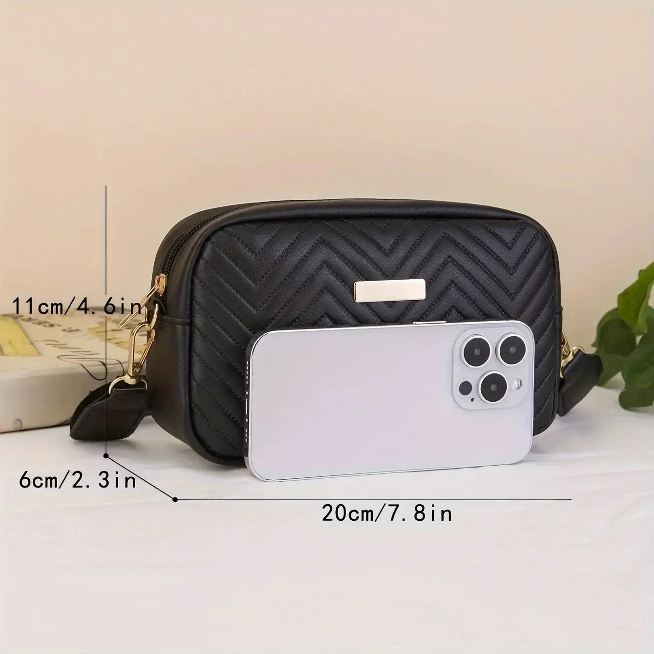 Minimalist quilted crossbody bag wallet by Simples Market, black PU leather with chevron stitching and gold hardware