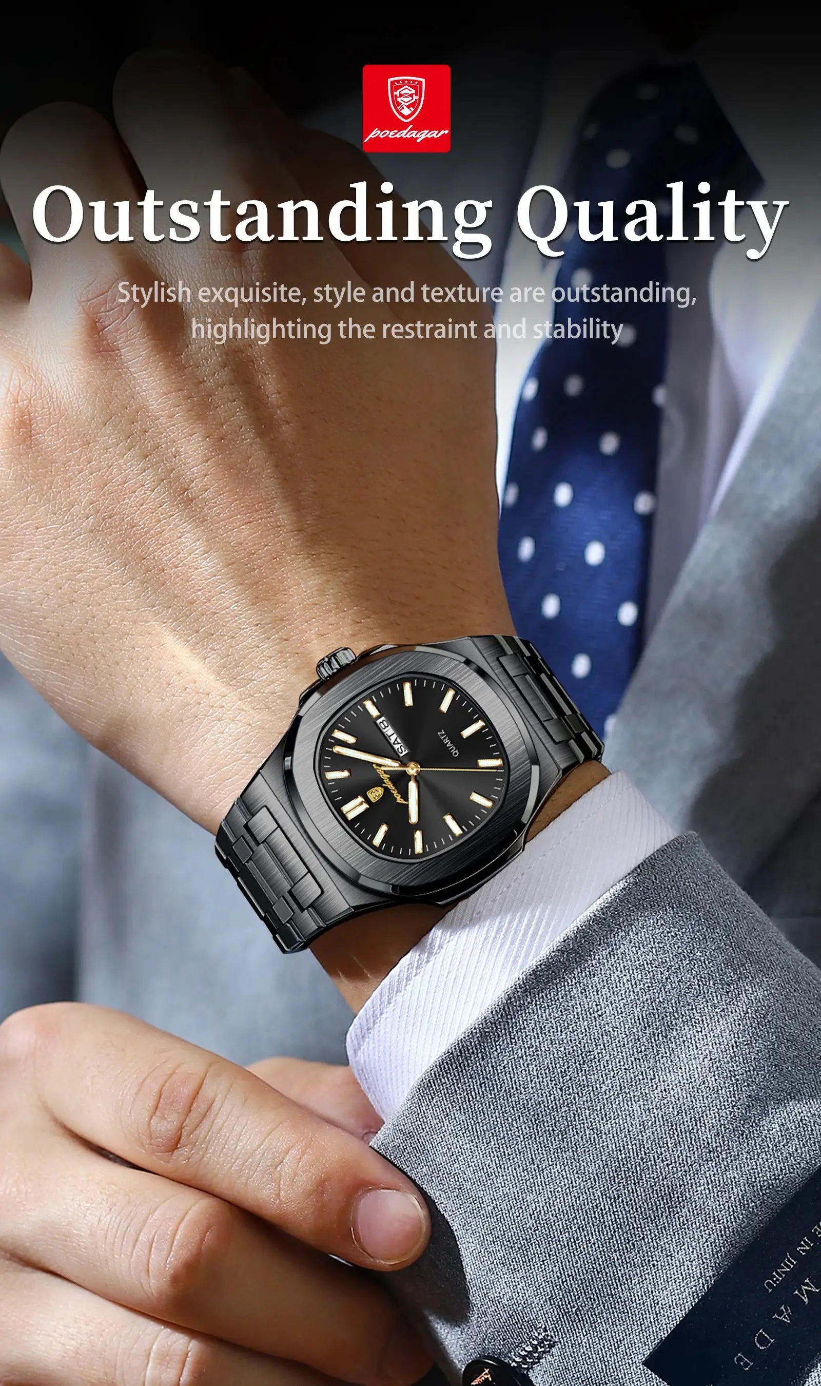 POEDAGAR luxury square men's watch with stainless steel bracelet, black dial and gold-tone markers