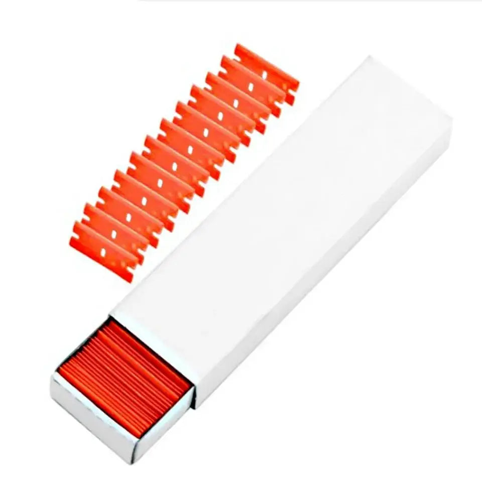 100-pack red plastic razor blades in white box, for label removal, window cleaning, and car wrap squeegee use