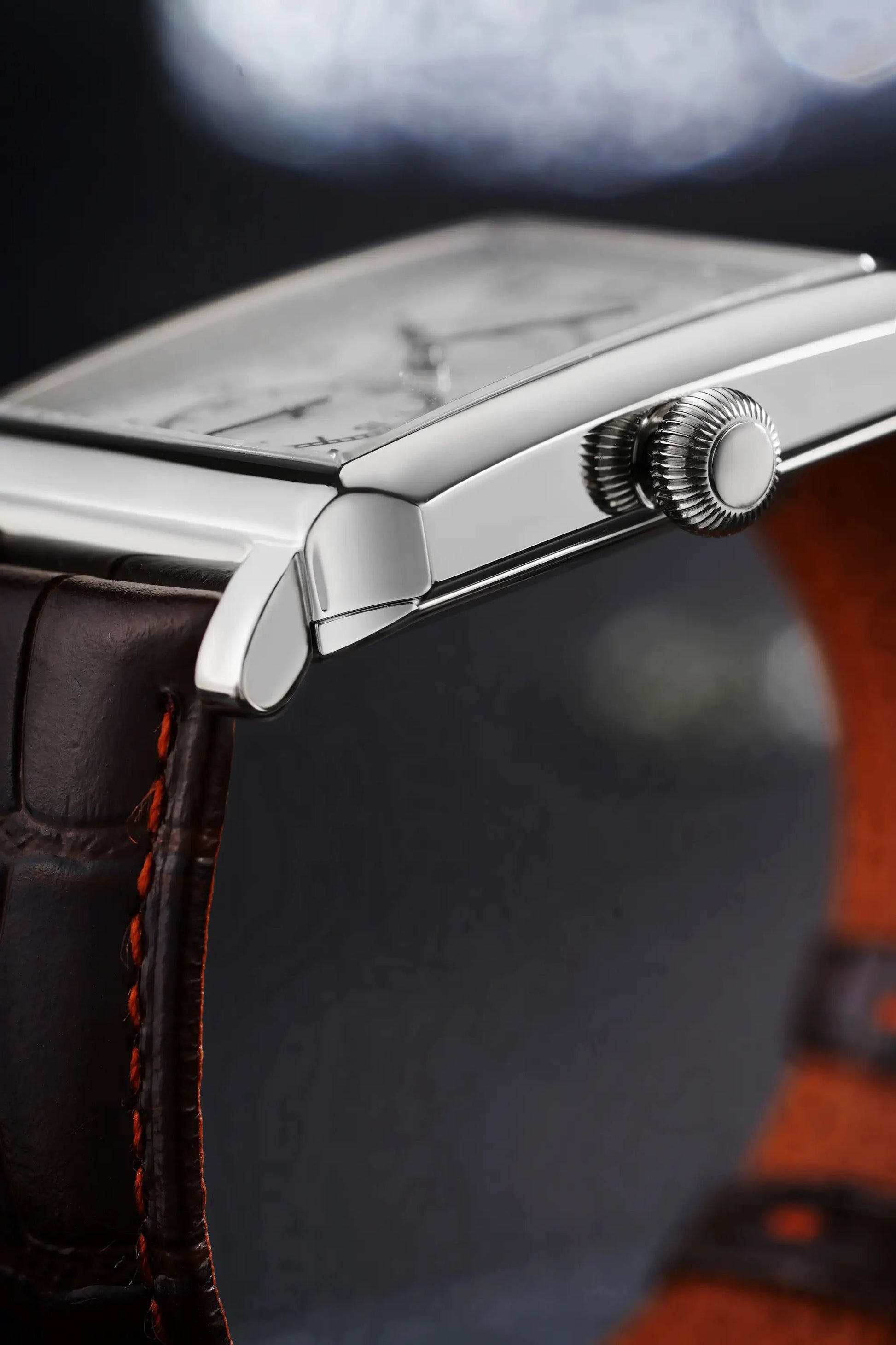 FARASUTE square mechanical wristwatch for men, silver case, brown leather strap