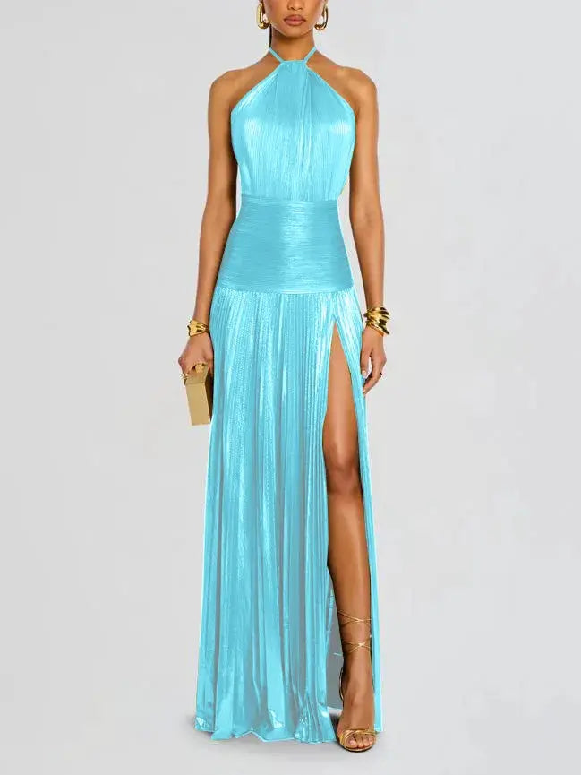 Aurora Gold Halter Neck Evening Dress With Backless Pleated Silhouette And Hip Slit For Formal Occasions