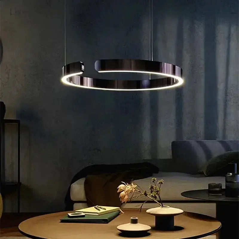 Nordic Ring LED pendant lamp by Simples Market, black and gold, dimmable hanging chandelier for living and dining rooms