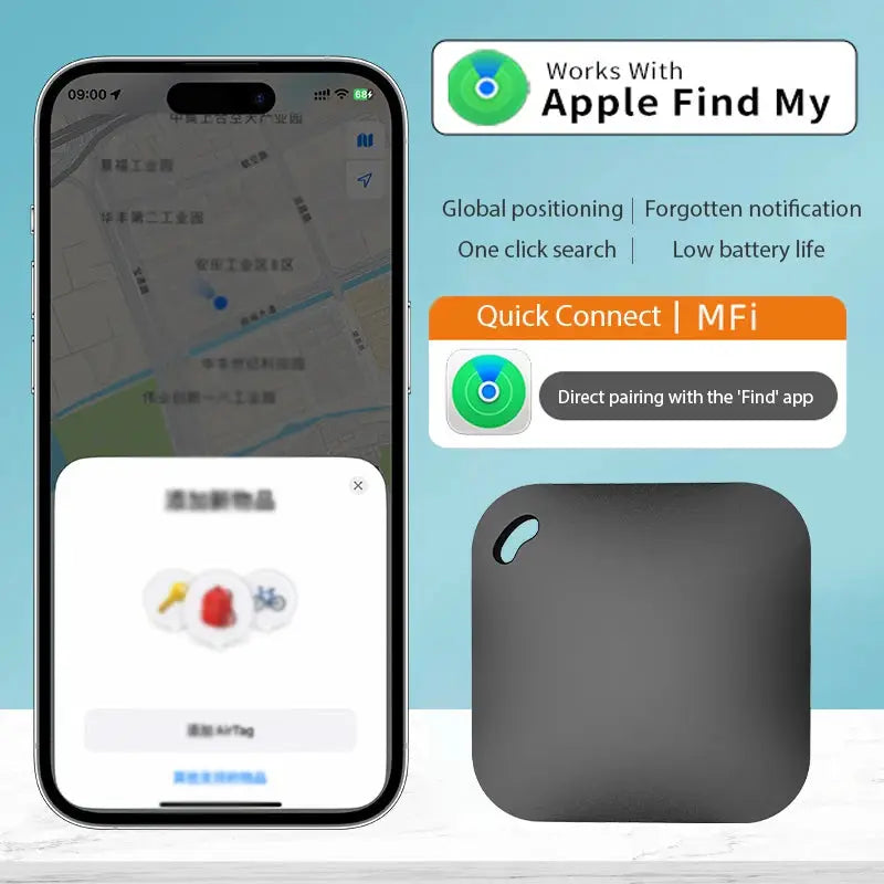 Smart Bluetooth GPS Tracker by Simples Market, gray square locator compatible with Apple Find My (MFi)