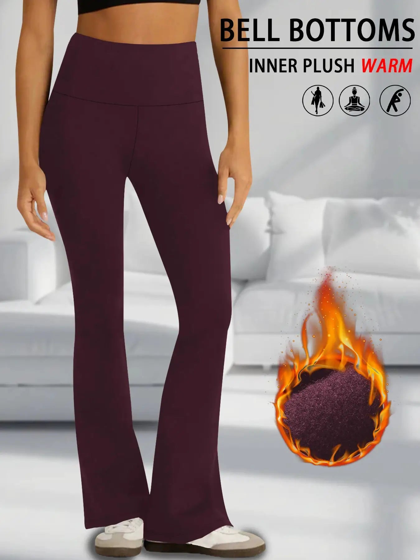 Women's burgundy fleece-lined, high-waisted bell-bottom leggings with tummy control