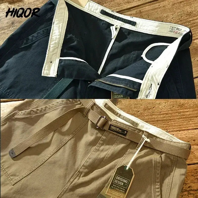 Two HIQOR men’s 100% cotton casual pants, loose baggy fit in black and khaki with belts