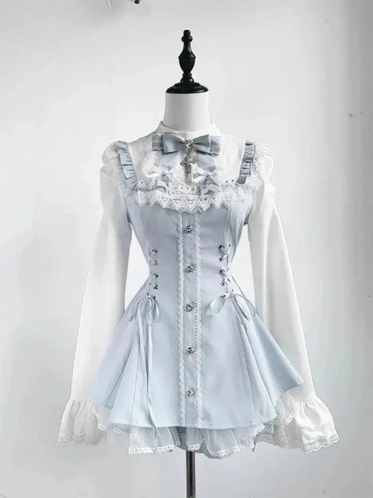 Y2K Lolita Bow Dress Shorts Set Gothic Lace Flare Sleeve Shirt Dress