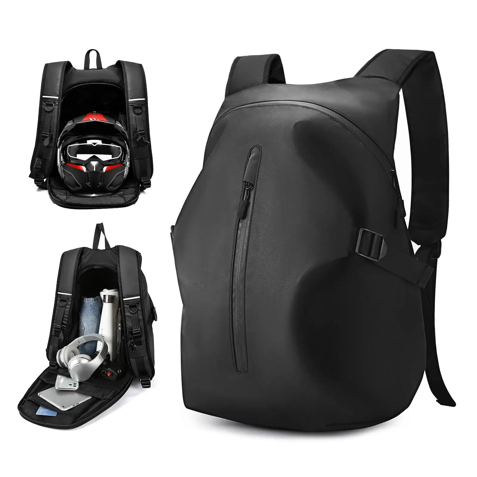 Motorcycle backpack 40L by Simples Market, black waterproof with reflective shoulder straps