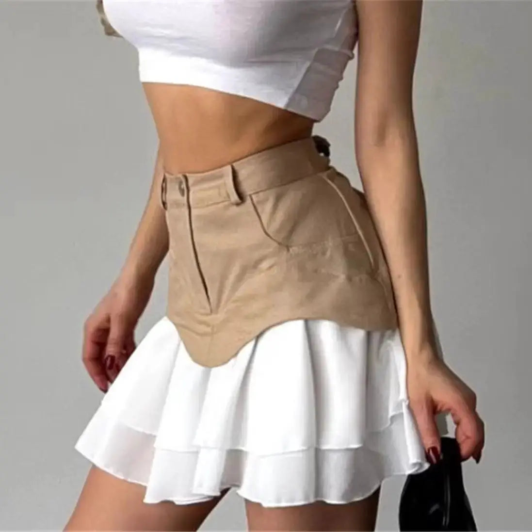 Chic Ruffles women's white layered mini skirt with beige high-waist panel