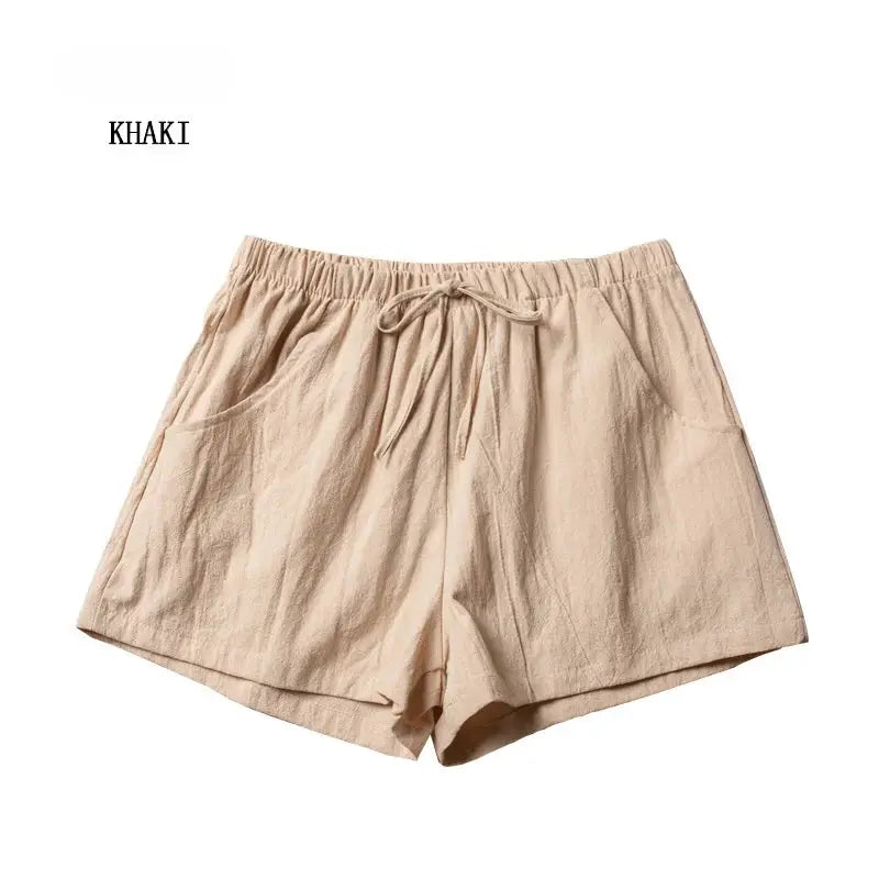 Women’s khaki linen shorts with elastic drawstring waist and front pockets