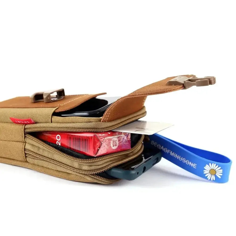 Unisex belt pouch phone bag in tan with multiple pockets and blue strap by Simples Market
