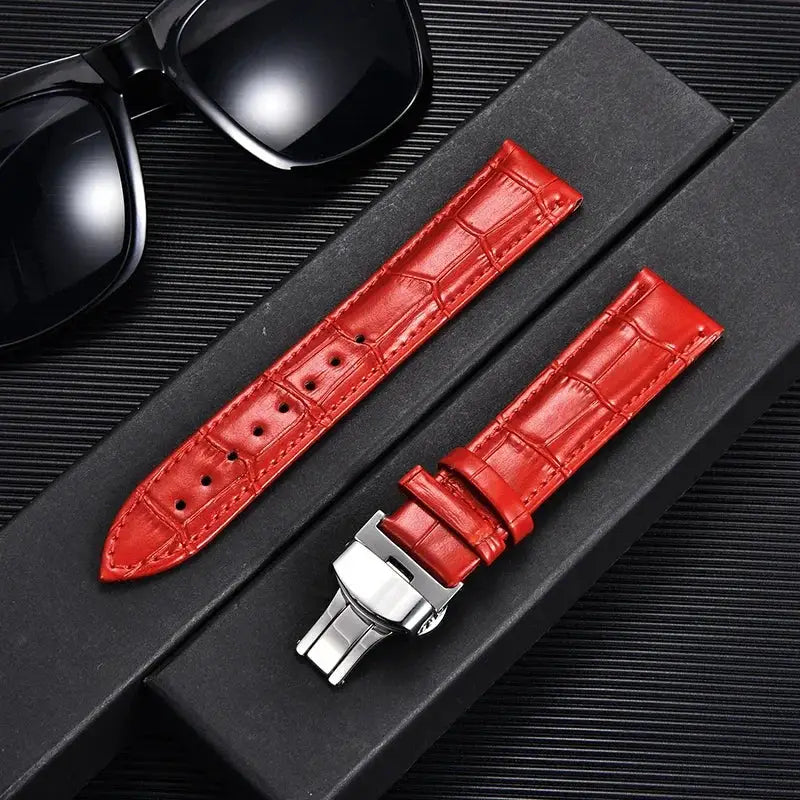Remzeim Bamboo Pattern Genuine Leather Watch Strap First Layer Cowhide With Steel Butterfly Buckle 18mm 20mm 22mm 24mm