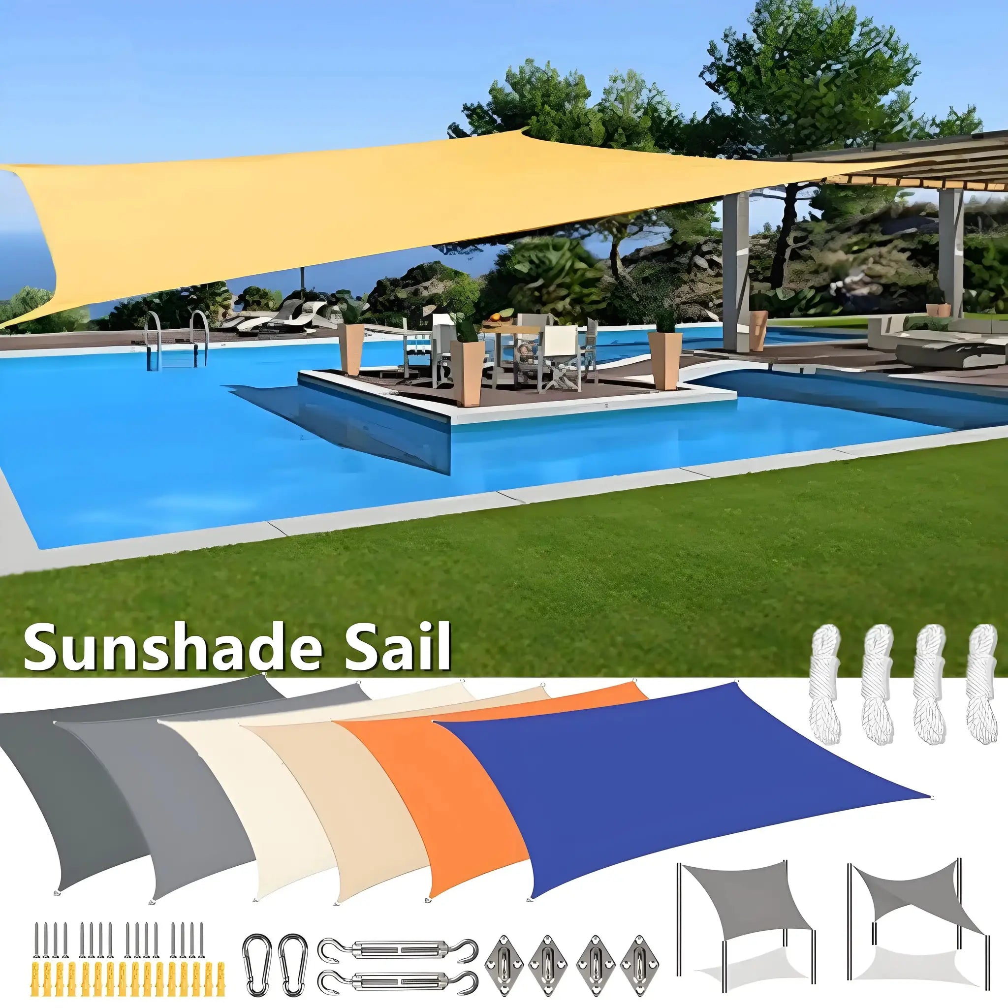 Simples Market sunshade sail canopy, rectangular yellow waterproof UV-block shade for outdoor patio.