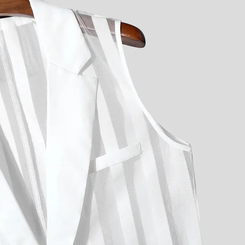 Men's striped mesh vest, white transparent sleeveless waistcoat.
