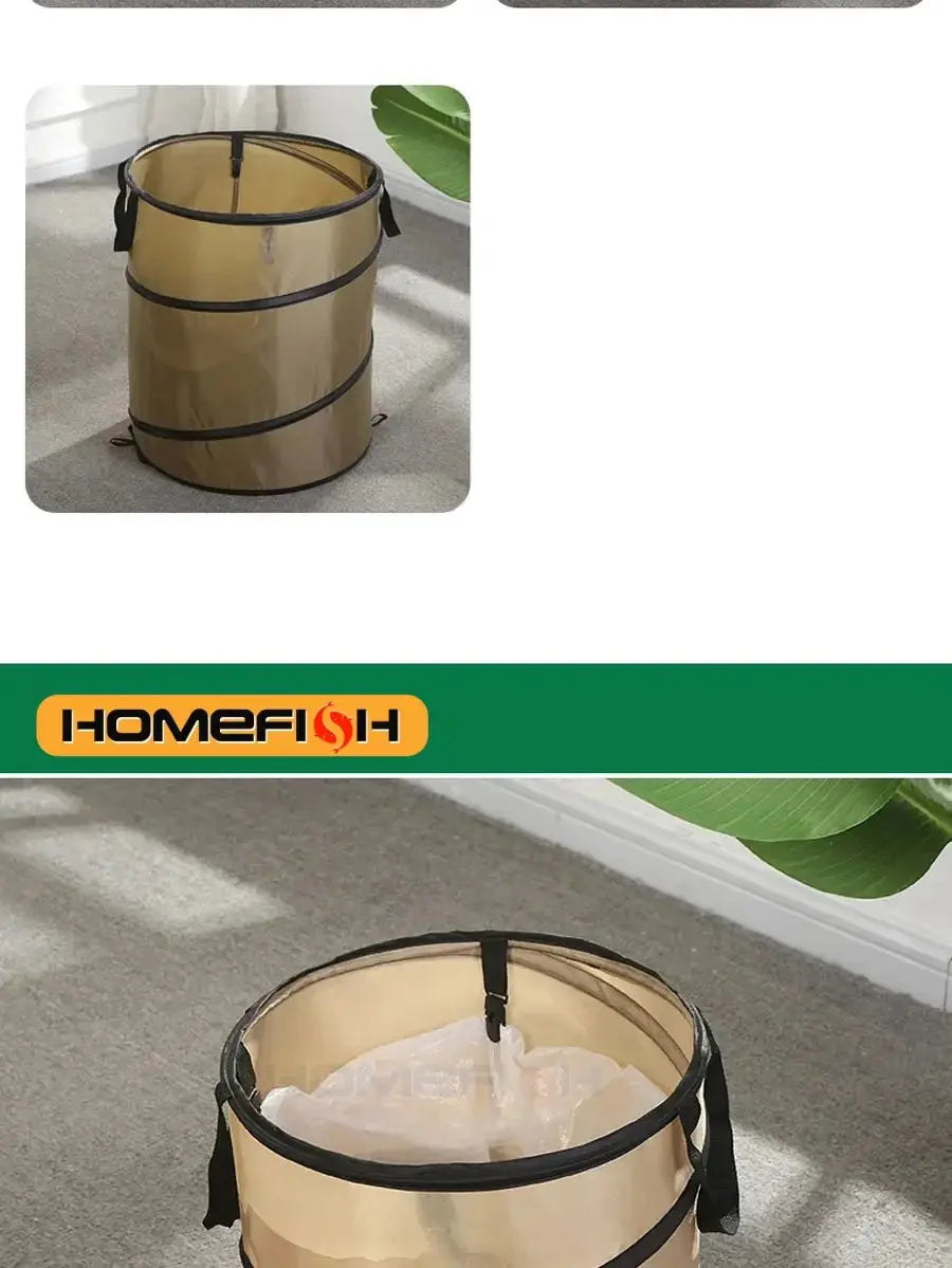 Homefish pop-up camping trash can, beige fabric with black bands and handles, collapsible outdoor waste bin.