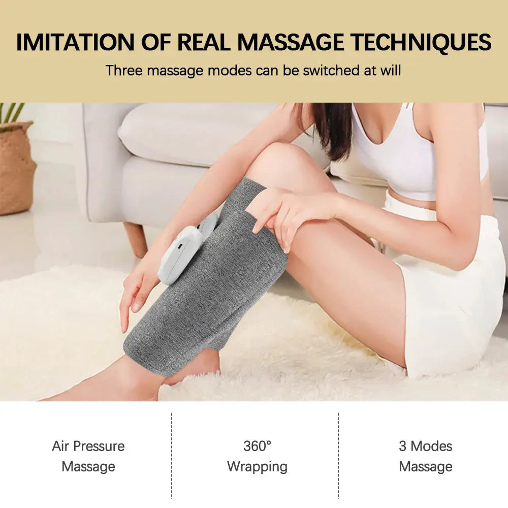 Electric calf massager by Simples Market with grey fabric sleeve and white wireless control, 3 modes