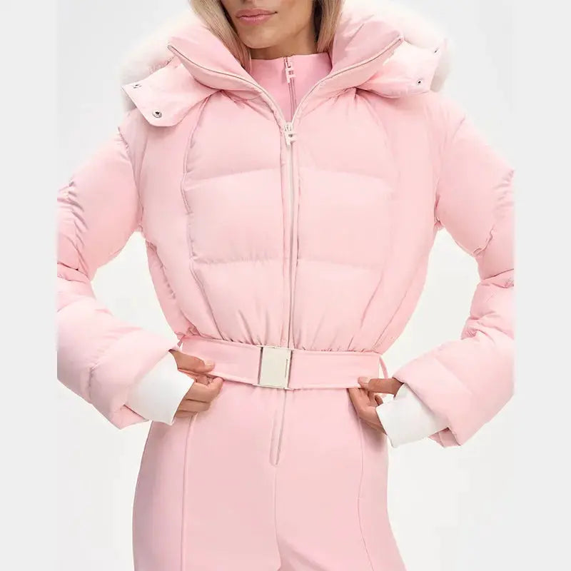 Thicken one-piece ski suit, pink, with faux-fur hood and waist belt by Simples Market.
