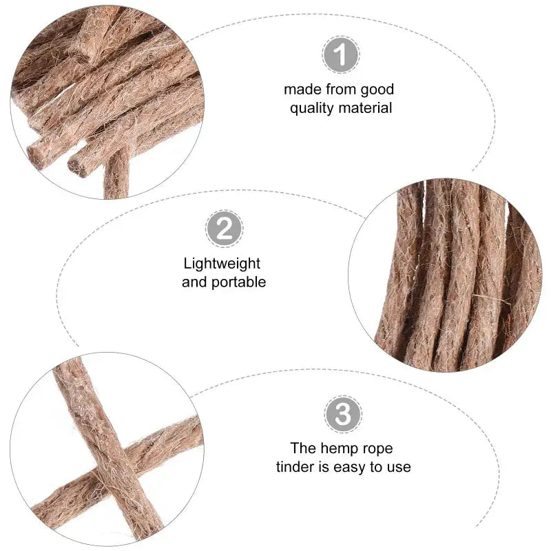 Hemp rope survival tinder wicks, 10 pcs, brown hemp cord fire starters for camping