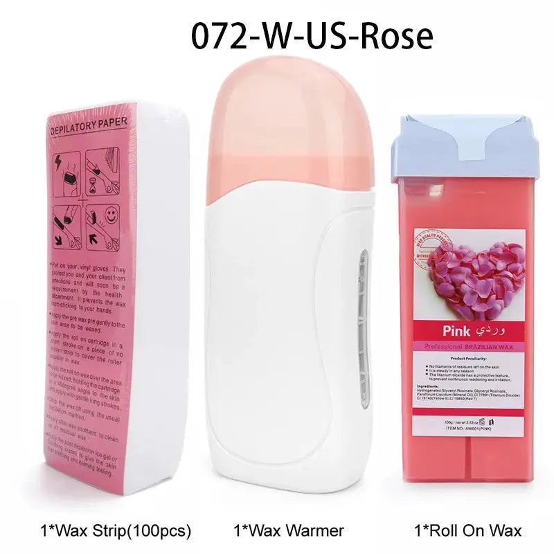Roll-on waxing kit with white wax warmer and 100 wax strips