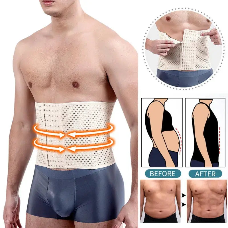 Men's beige waist trainer belt with adjustable hooks for abdominal shaping; includes before/after diagrams.